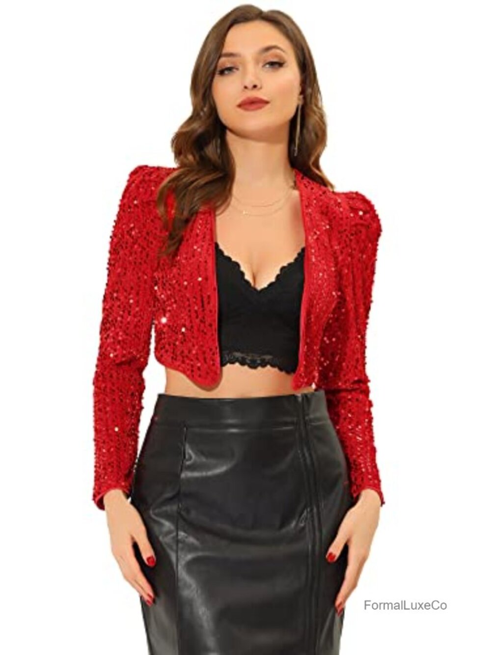 Sequin Cropped Jacket Puff Shoulder Open Front Bolero Party
